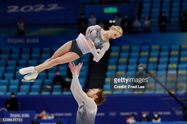 Evgenia Tarasova and Vladimir Morozov of Team ROC skate during the Pair Skating Free Skating on day fifteen of the Beijing 2022 Winter Olympic Games...