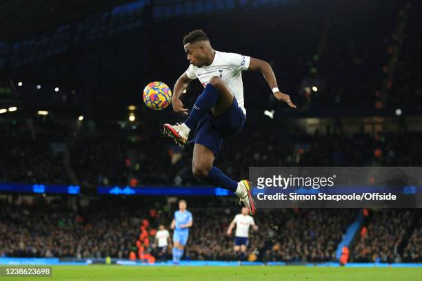 Ryan Sessegnon of Tottenham Hotspur leaps to control the ball during the Premier League match between Manchester City and Tottenham Hotspur at Etihad...