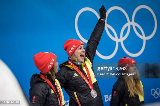 Mariama Jamanka of Germany, Alexandra Burghardt of Germany with the olympic silver medal during the medal ceremony for the 2 women's bobsleigh during...