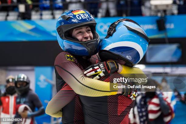 Mariama Jamanka of Germany, Alexandra Burghardt of Germany in the finish at the 2 women's bobsleigh during Beijing 2022 Winter Olympic Games at...