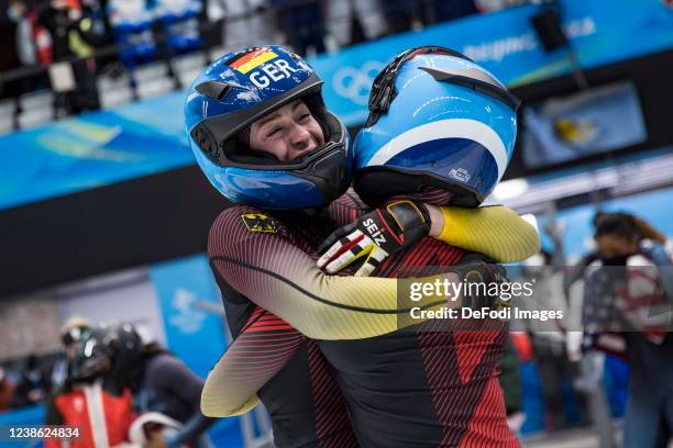 Mariama Jamanka of Germany, Alexandra Burghardt of Germany in the finish at the 2 women's bobsleigh during Beijing 2022 Winter Olympic Games at...