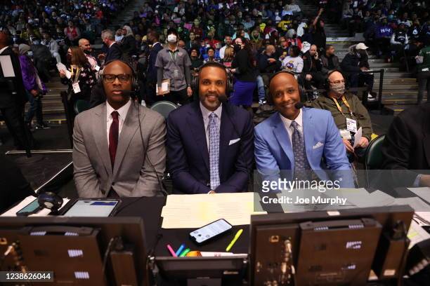 Legend Grant Hill and with former NBA player Brendan Haywood during the NBA x HBCU Classic Presented by AT&T on February 19, 2022 at Wolstein Center...