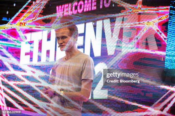 Multiple exposures were combined in camera to produce this image.) Vitalik Buterin, co-founder of Ethereum, speaks during ETHDenver in Denver,...