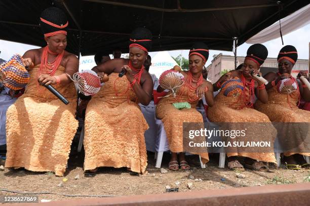 Female members of dance company Ediendo dances, during the handing-over of repatriated artifacts that was looted over 125 years ago by the British...