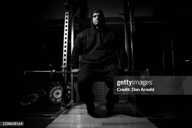 Chris Kavvalos rests between sets during a workout at City Gym on May 31, 2020 in Sydney, Australia. IFBB body builder Chris Kavvalos has continued...