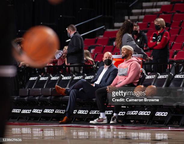 Joe Cronin, Interim General Manager and Damian Lillard of the Portland Trail Blazers before the game against the Miami Heat on January 5, 2022 at the...