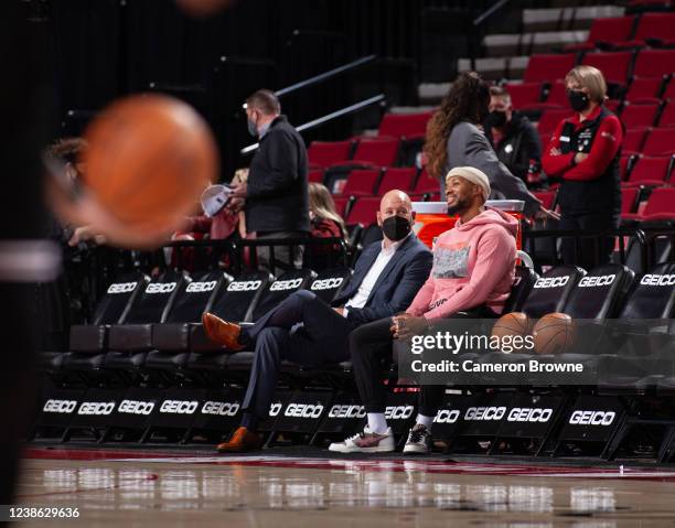 Joe Cronin, Interim General Manager and Damian Lillard of the Portland Trail Blazers before the game against the Miami Heat on January 5, 2022 at the...