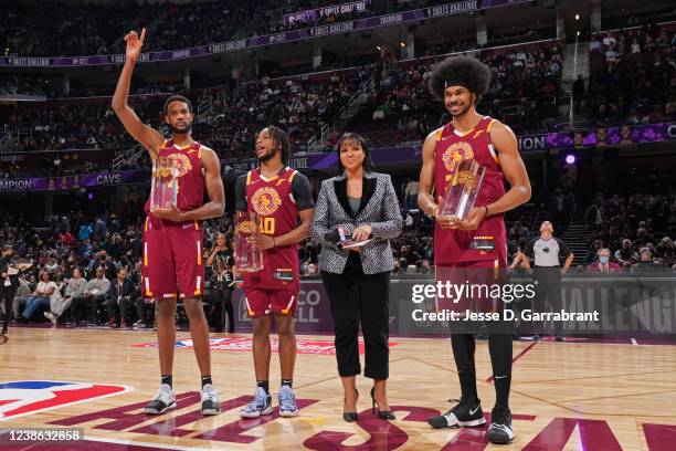 Analyst, Stephanie Ready speak to Evan Mobley, Darius Garland and Jarrett Allen of the Cleveland Cavaliers after winning the Taco Bell Skills...