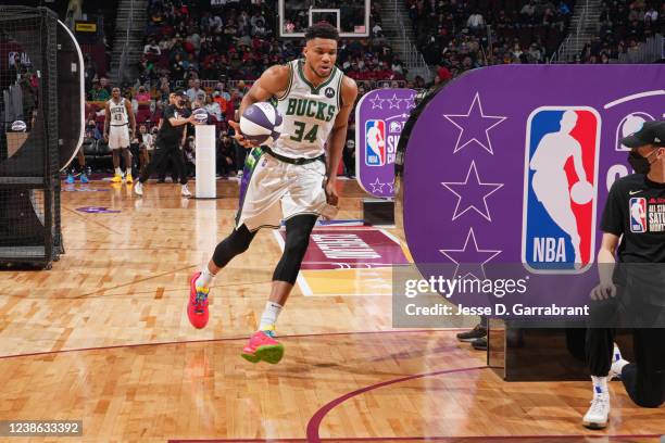 Giannis Antetokounmpo of the Milwaukee Bucks dribbles the ball during the Taco Bell Skills Challenge as part of 2022 NBA All Star Weekend on February...