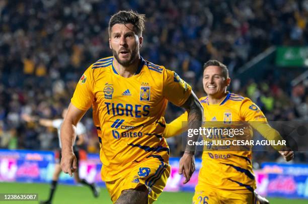 Tigres' Andre-Pierre Gignac celebrates after scoring against San Luis during their Mexican Clausura 2022 tournament football match at Universitario...