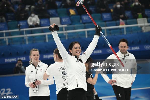 Britain's Eve Muirhead celebrates after Britain won the women's gold medal game of the Beijing 2022 Winter Olympic Games curling competition between...