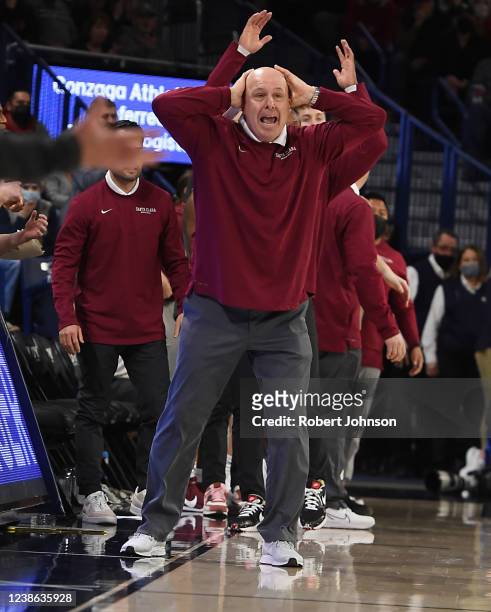 Head coach Herb Sendek of the Santa Clara Broncos can't believe an official's call during the second half of the game between the Gonzaga Bulldogs...