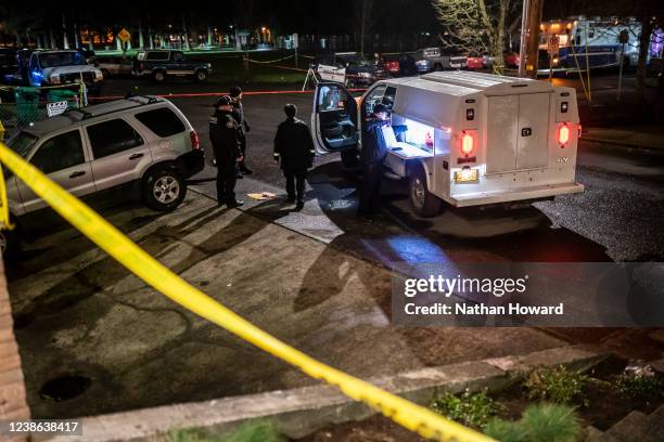 Portland police investigate a shooting that took place during a protest for Amir Locke, which officials said left one dead and five others injured,...