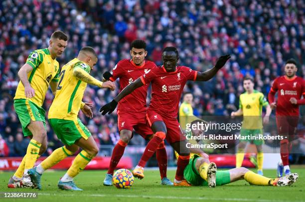 Liverpool's Sadio Mane looks for a way past the Norwich defence during the Premier League match between Liverpool and Norwich City at Anfield on...