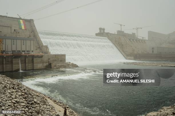 General view of the Grand Ethiopian Renaissance Dam in Guba, Ethiopia, on February 20, 2022. - Ethiopia began generating electricity from its...