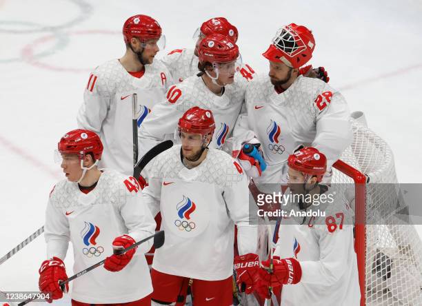 Players of ROC are seen after the men's ice hockey final match between Finland and Russia's Olympic Committee on the Beijing 2022 Winter Olympic...