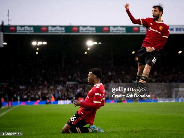 Anthony Elanga of Manchester United celebrates scoring a goal to make the score 2-4 with Bruno Fernandes during the Premier League match between...