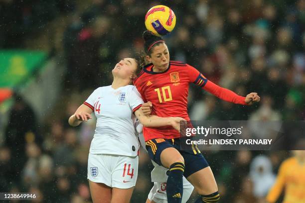 England's midfielder Georgia Stanway vies with Spain's striker Jenni Hermoso during the Women's International football match between England and...