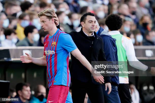 Coach Xavi Hernandez of FC Barcelona Frenkie de Jong of FC Barcelona during the La Liga Santander match between Valencia v FC Barcelona at the...
