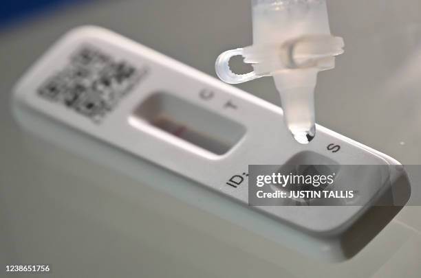 An illustration picture taken on February 20, 2022 shows a model using a SARS-CoV-2 Antigen Rapid Test contained in a Covid-19 Lateral Flow self-test...