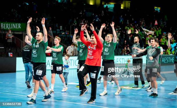 The players of the Fuechse Berlin celebrate after the Handball Bundesliga match between Fuechse Berlin against TVB Stuttgart on February 20, 2022 in...