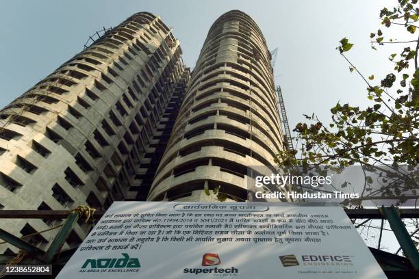 View of the Supertech Twin Tower at Sector 93A, on February 20, 2022 in Noida, India.