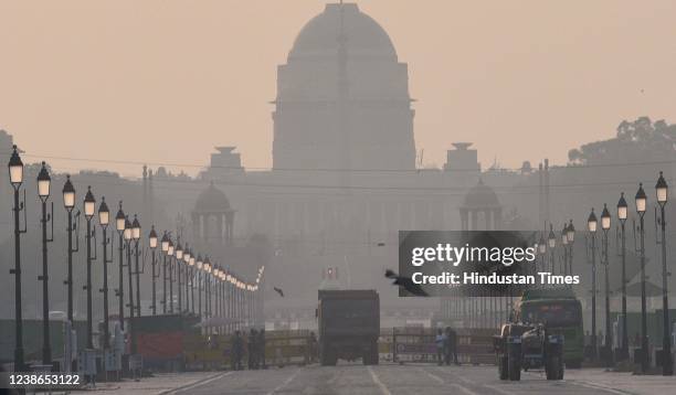 View of Rashtrapati Bhawan shrouded in a layer of smog, on February 20, 2022 in New Delhi, India.