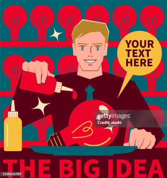 smiling young handsome caucasian ethnicity man adding some condiment to a big idea light bulb - man ready to eat stock illustrations