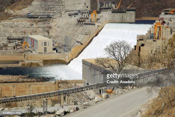 View of Grand Ethiopian Renaissance Dam, a massive hydropower plant on the River Nile that neighbours Sudan and Egypt, as the dam started to produce...