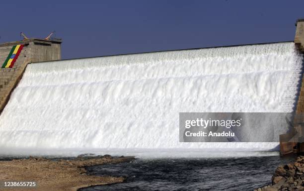 View of Grand Ethiopian Renaissance Dam, a massive hydropower plant on the River Nile that neighbours Sudan and Egypt, as the dam started to produce...