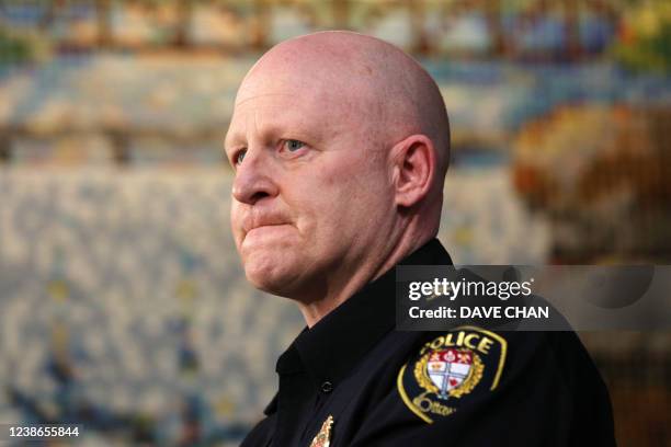 Ottawa Interim Police Chief Steve Bell speaks during a news conference on February 20, 2022 in Ottawa, Canada. The last big rigs were being towed...