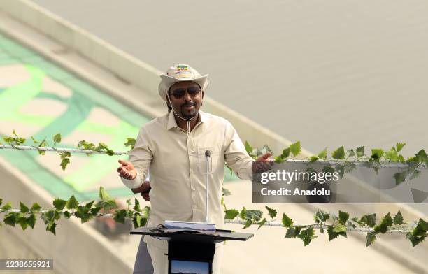 Ethiopian Prime Minister Abiy Ahmed speaks at the Grand Ethiopian Renaissance Dam, a massive hydropower plant on the River Nile that neighbours Sudan...