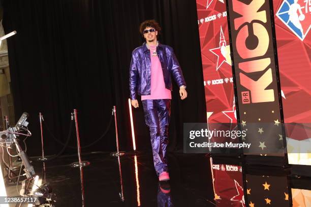 LaMelo Ball of the Charlotte Hornets arrives to the 71st NBA All-Star Game on February 19, 2022 at Rocket Mortgage FieldHouse in Cleveland, Ohio....
