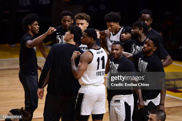 The G League Ignite huddle before the NBA G League Next Gem Game as part of 2022 NBA All Star Weekend on February 20, 2022 at Wolstein Center in...