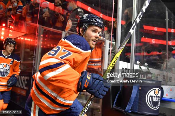 Connor McDavid of the Edmonton Oilers walks to the ice prior to the game against the Minnesota Wild on February 20, 2022 at Rogers Place in Edmonton,...