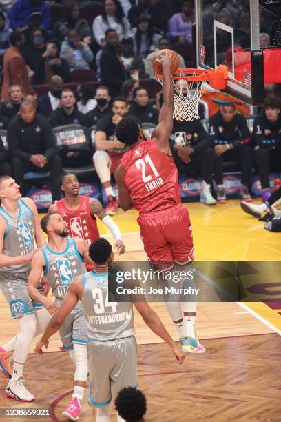 Joel Embiid of Team Durant dunks the ball during the 2020 NBA All-Star Game as part of 2020 NBA All-Star Weekend on February 20, 2022 at Rocket...