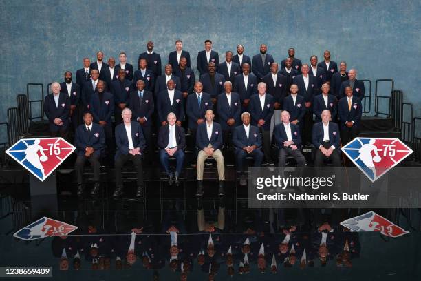 The NBA 75th Anniversary Team poses for a photo prior to the 71st NBA All-Star Game on Sunday, February 20, 2022 at Rocket Mortgage FieldHouse in...