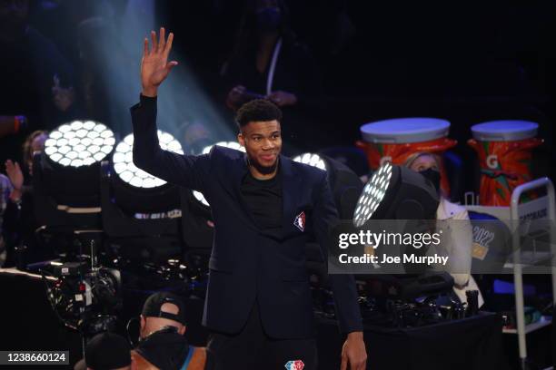 Giannis Antetokounmpo of the Milwaukee Bucks is introduced to the 75th anniversary team during the 2020 NBA All-Star Game as part of 2020 NBA...