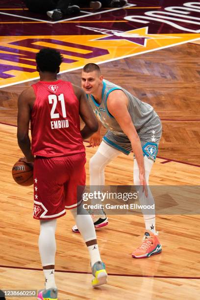 Nikola Jokic of Team LeBron plays defense on Joel Embiid of Team Durant during the 2022 NBA All-Star Game as part of 2022 NBA All Star Weekend on...