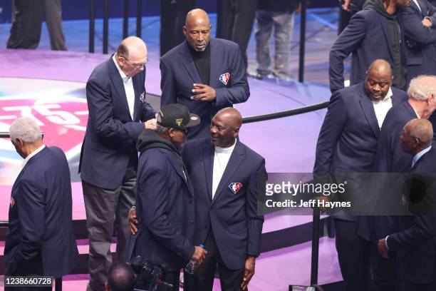 Legend, Dennis Rodman talks with NBA legend Michael Jordan during NBA 75th Anniversary Team as part of 2022 NBA All Star Weekend on February 20, 2022...
