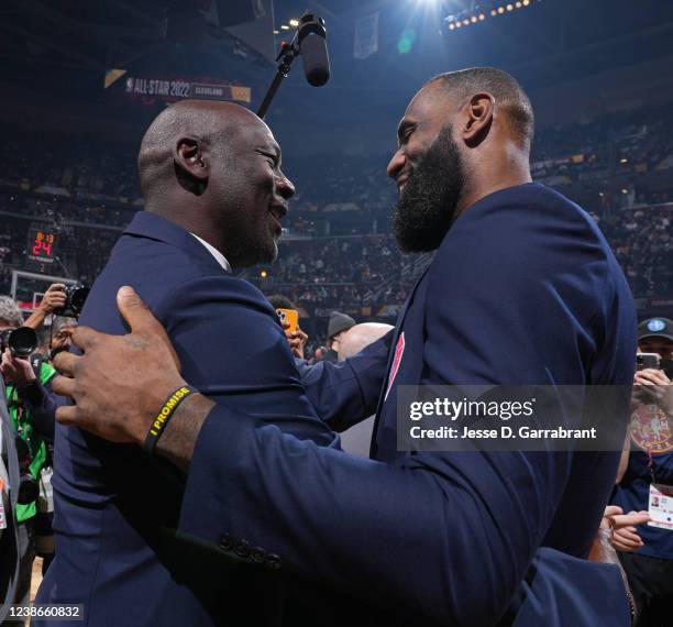 Legends, Michael Jordan and LeBron James shake hands during the 2022 NBA All-Star Game as part of 2022 NBA All Star Weekend on February 20, 2022 at...