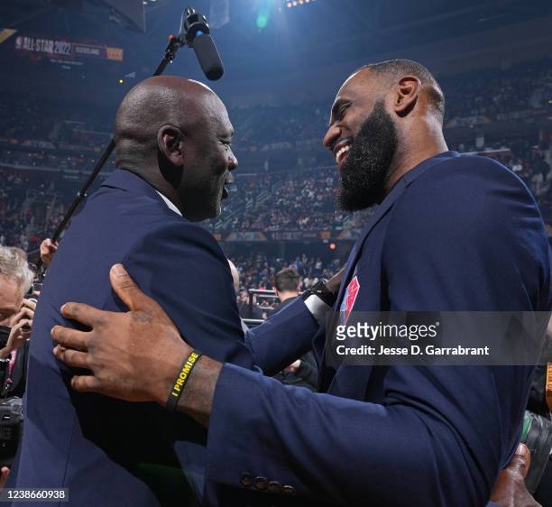 Legends, Michael Jordan and LeBron James shake hands during the 2022 NBA All-Star Game as part of 2022 NBA All Star Weekend on February 20, 2022 at...