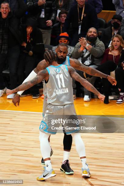 LeBron James and DeMar DeRozan of Team LeBron celebrate after winning the 2022 NBA All-Star Game as part of 2022 NBA All Star Weekend on February 20,...