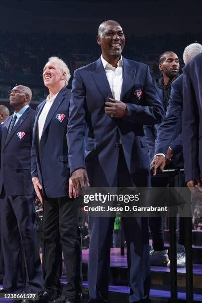 Legend, Hakeem Olajuwon is introduced during the NBA 75th Anniversary celebration during the 2022 NBA All-Star Game as part of 2022 NBA All Star...