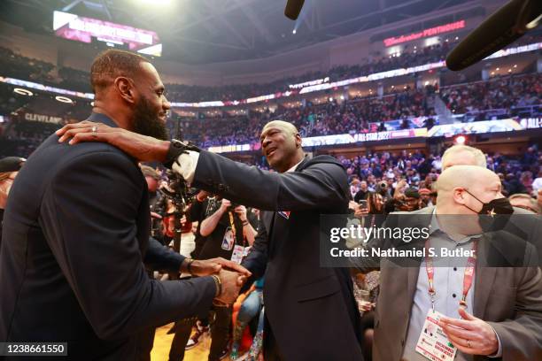 LeBron James of the 75th Anniversary Team talks to Michael Jordan of the 75th Anniversary Team during the 2022 NBA All-Star Game as part of 2022 NBA...