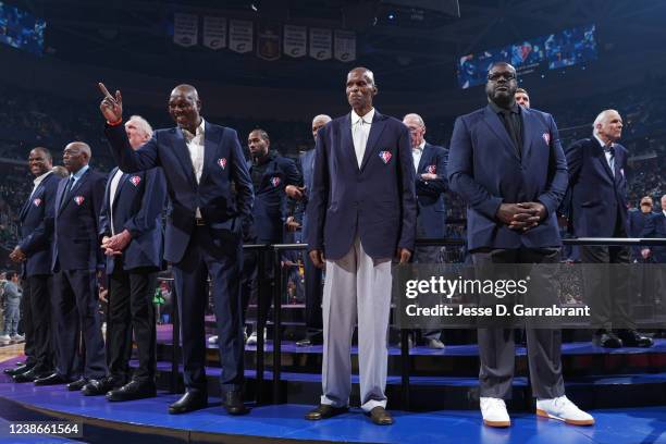 Legend, Hakeem Olajuwon and Shaquille O'Neal are introduced during the NBA 75th Anniversary celebration during the 2022 NBA All-Star Game as part of...