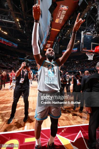 LeBron James of Team LeBron celebrates after the 2022 NBA All-Star Game as part of 2022 NBA All Star Weekend on February 20, 2022 at Rocket Mortgage...