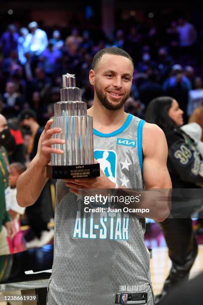 Stephen Curry of Team LeBron receives The Kia NBA All-Star MVP Kobe Bryant Trophy after the 71st NBA All-Star Game as part of 2022 NBA All Star...