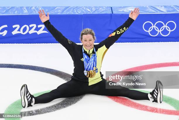 Claudia Pechstein of Germany poses for a photo after competing in the women's speed skating mass start at the Beijing Winter Olympics on Feb. 19 at...