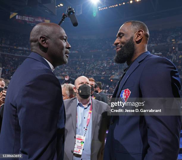 Legends, Michael Jordan and LeBron James shake hands during the 2022 NBA All-Star Game as part of 2022 NBA All Star Weekend on February 20, 2022 at...